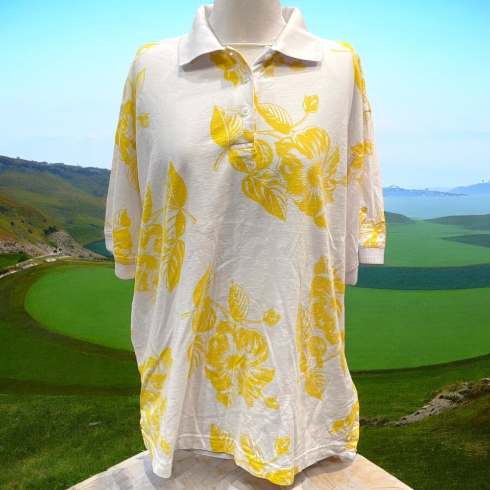 Sony Open Hawaii Hawaiian Polo Shirt Mens Large White Yellow Floral Print PGA